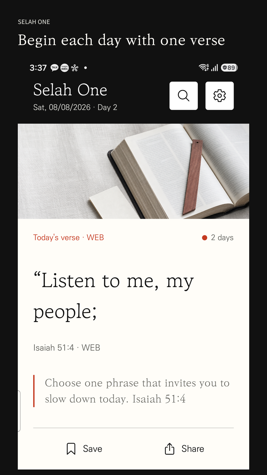 Selah One home screen showing today’s Bible verse