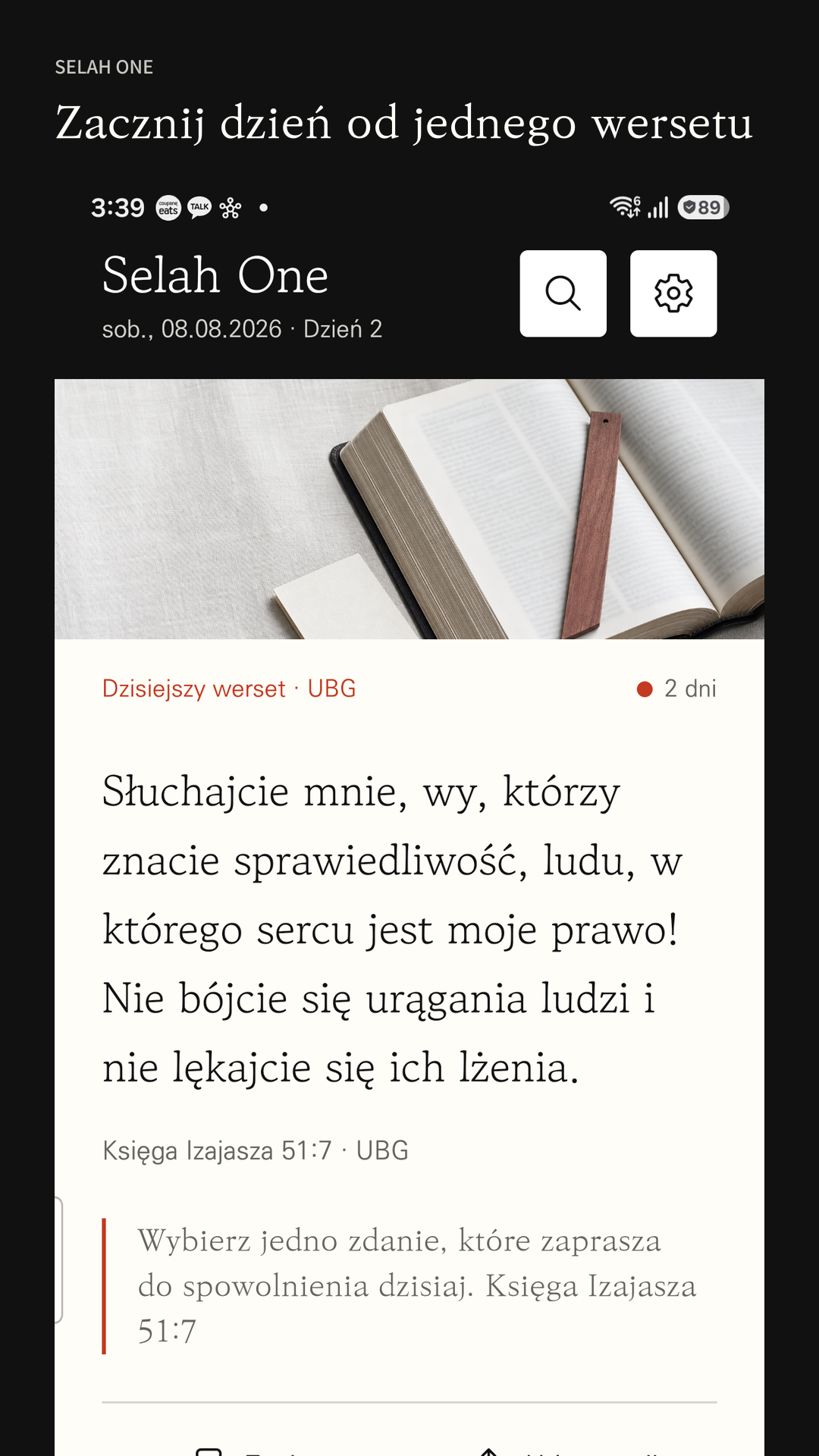 Ekran główny Selah One z wersetem dnia