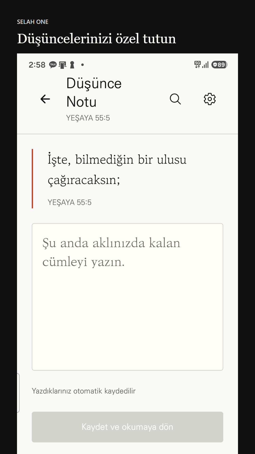 Seçili ayete bağlı özel günlük